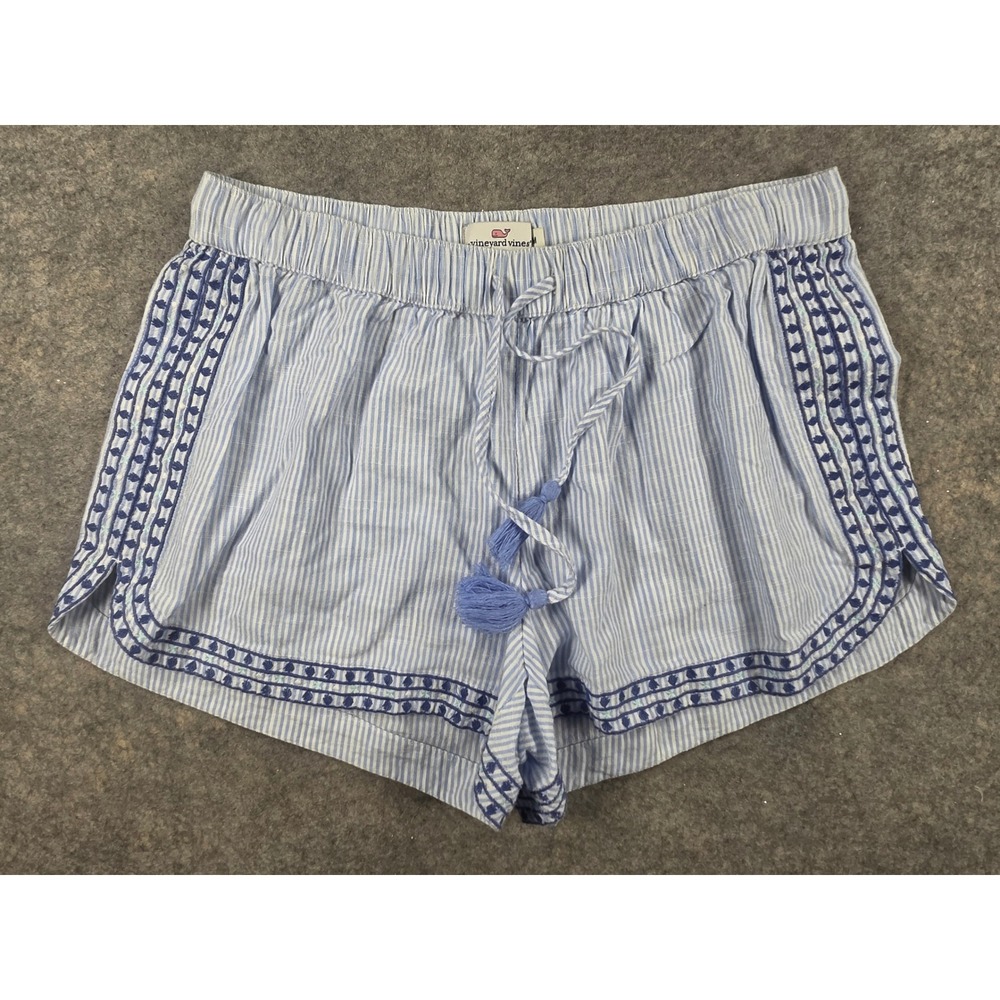 Vineyard Vines Womens Blue White Seersucker Embroidered Tassel Shorts Size M